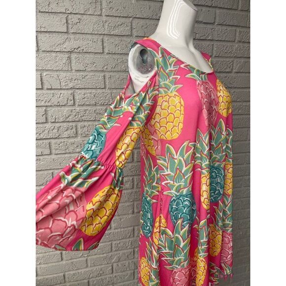 Simply Southern Women Pink Multi Cold Shoulder Pineapple Tassel Dress Size S - Picture 5 of 8